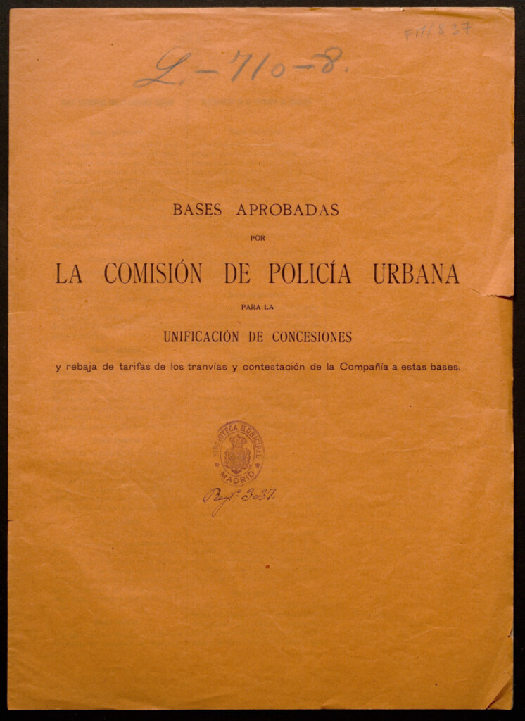 Miniatura de Bases aprobadas por la comisión de policia urbana para la unificación de concesiones y rebaja de tarifas de los tranvias y contestación de la compañia a estas bases