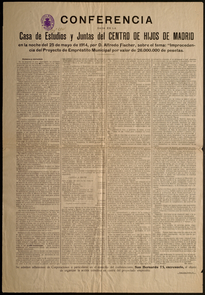 Miniatura de Conferencia dada en la casa de estudios y juntas del centro de hijos de Madrid en... 25 de mayo de 1914... sobre el tema improcedencia del proyecto de empréstito municipal por valor de 26.000.000 de pesetas