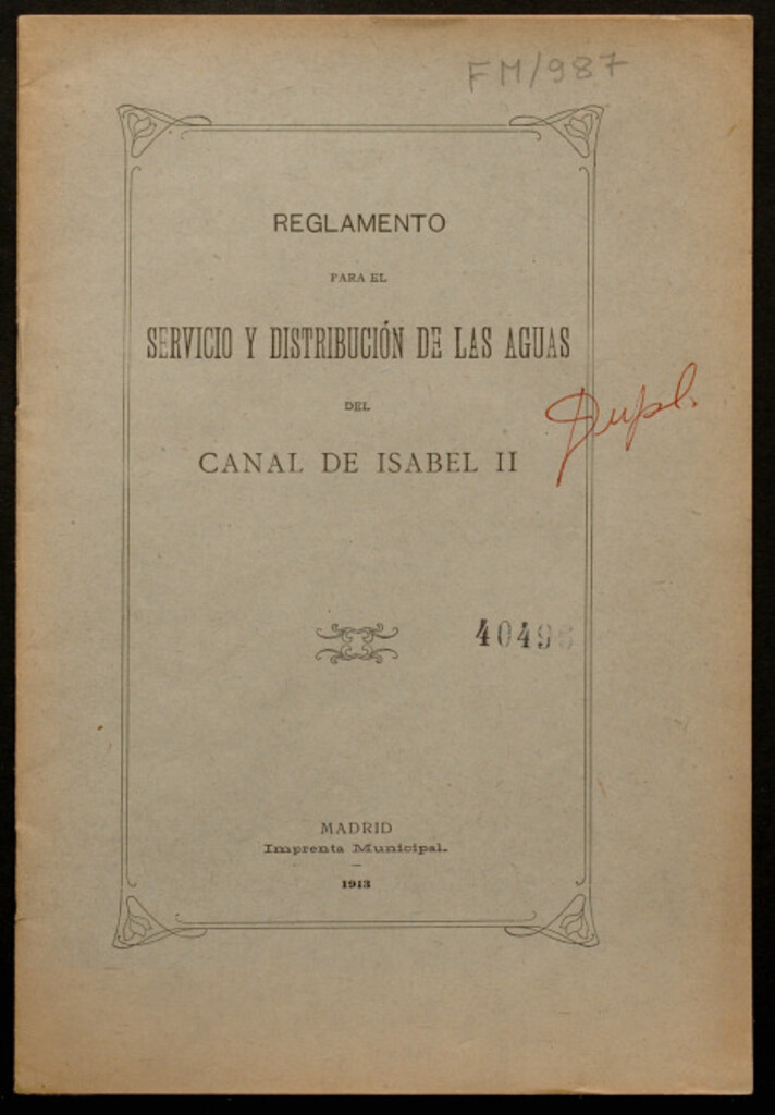 Miniatura de Reglamento para el servicio y distribución de las aguas del Canal de Isabel II
