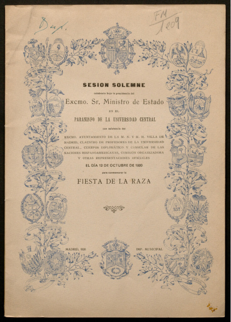 Miniatura de Sesión solemne celebrada bajo la Presidencia del Excmo Sr. Ministro de Estado en el Paraninfo de la Universidad Central con asistencia de... para conmemorar la fiesta de la raza