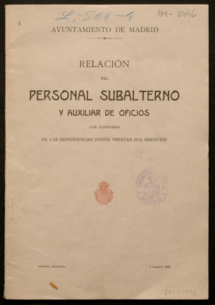 Miniatura de Relación del personal subalterno y auxiliar de oficios con expresión de las dependencias donde prestan sus servicios