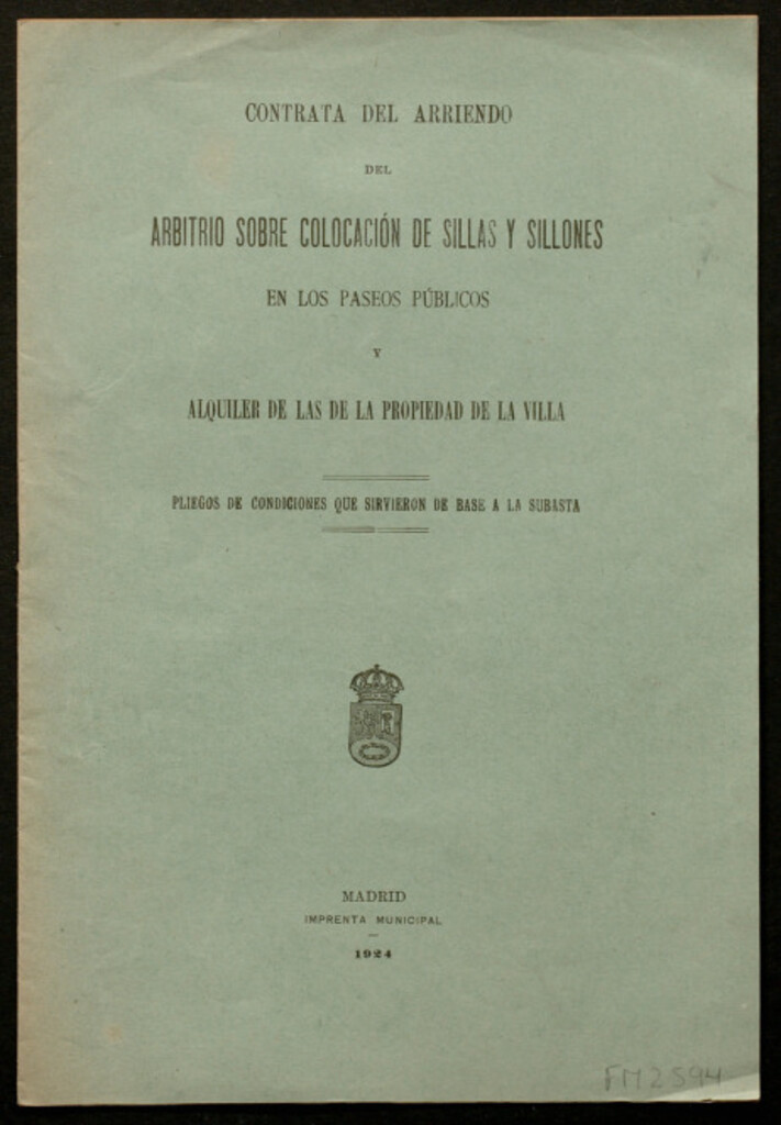 Miniatura de Contrata del arriendo del arbitrio sobre colocación de sillas y sillones en los paseos públicos...