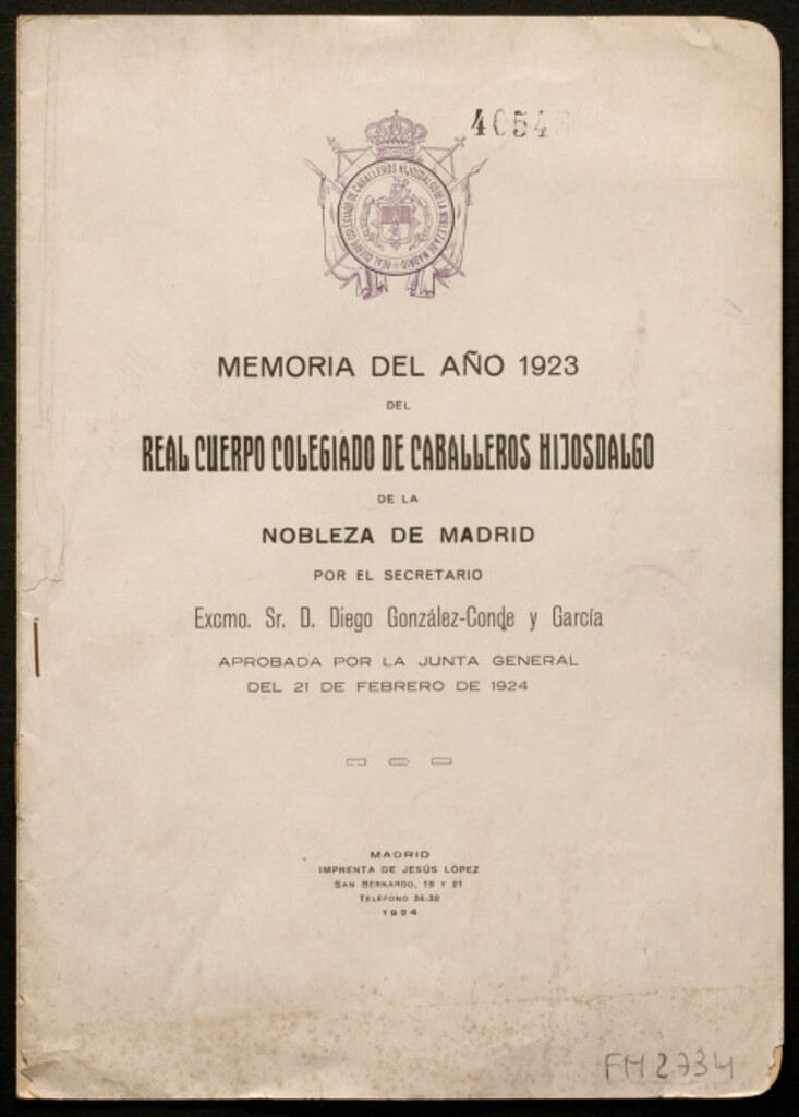 Miniatura de Memoria del año 1923 del Real Cuerpo Colegiado de Caballeros Hijosdalgo de la nobleza de Madrid...
