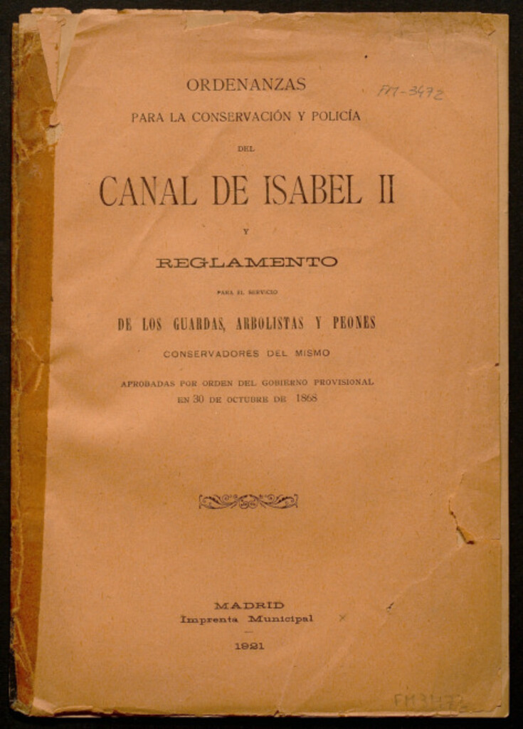 Miniatura de Ordenanzas para la conservación y policía del Canal de Isabel II y reglamento para el servicio de los guardas, arbolistas y peones...