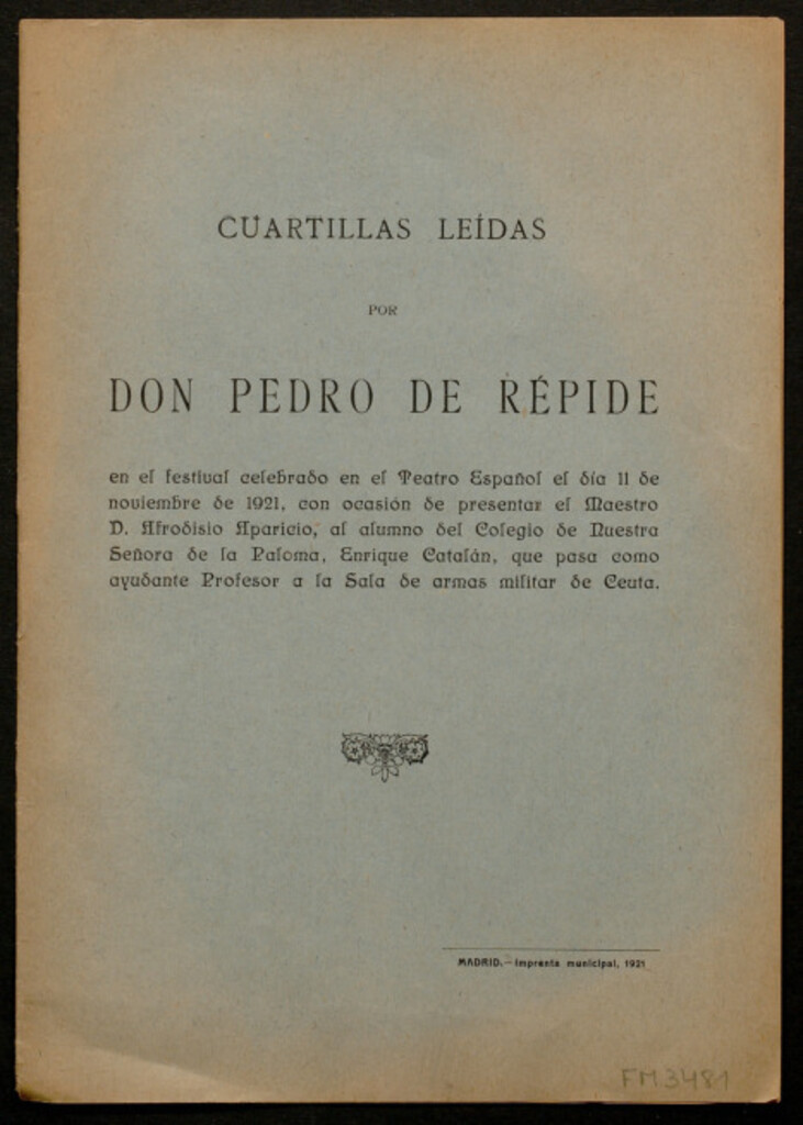 Miniatura de Cuartillas leídas por D. Pedro de Répide en el festival celebrado en el teatro español el día 11 de noviembre de 1921..