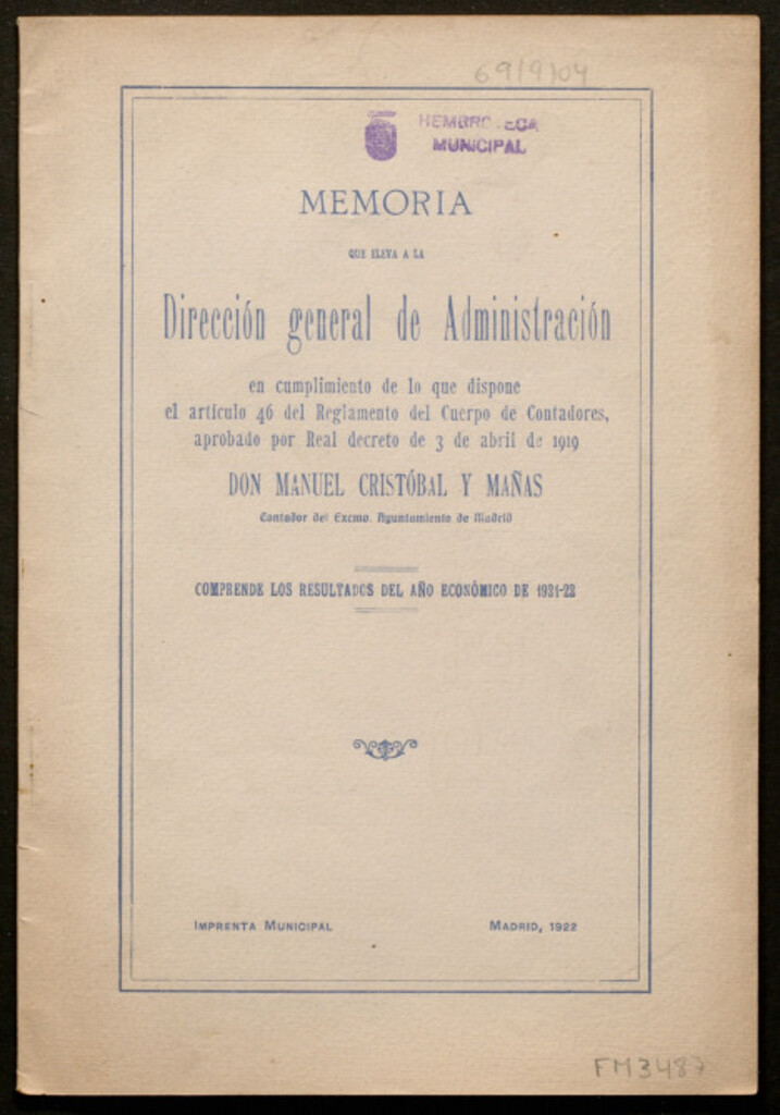 Miniatura de Memoria que eleva a la Dirección general de Administración en cumplimiento de lo que dispone el artículo 46 del reglamento del cuerpo de contadores... : comprende los resultados del año económico de 1921-22