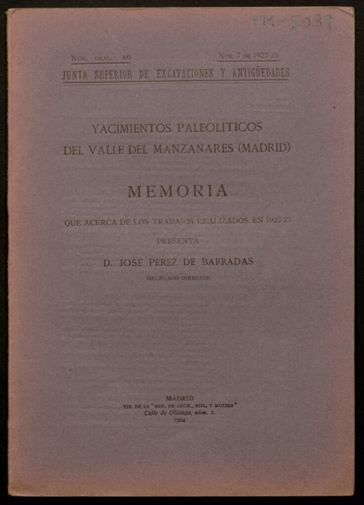 Miniatura de Yacimientos paleolíticos del Valle del Manzanares (Madrid) : memoria que acerca de los trabajos realizados en 1922-23 presenta José Pérez de Barradas