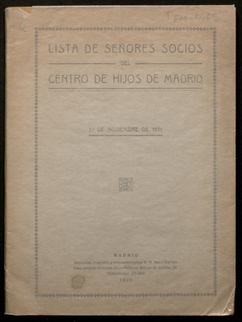 Miniatura de Lista de señores socios del Centro de Hijos de Madrid : 1.º de noviembre de 1921