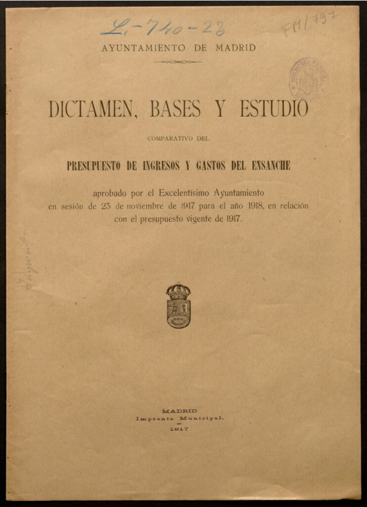 Miniatura de Dictamen, bases y estudio comparativo del presupuesto de ingresos y gastos del ensanche, aprobado... en sesión de 23 de noviembre de 1917 para el año 1918...