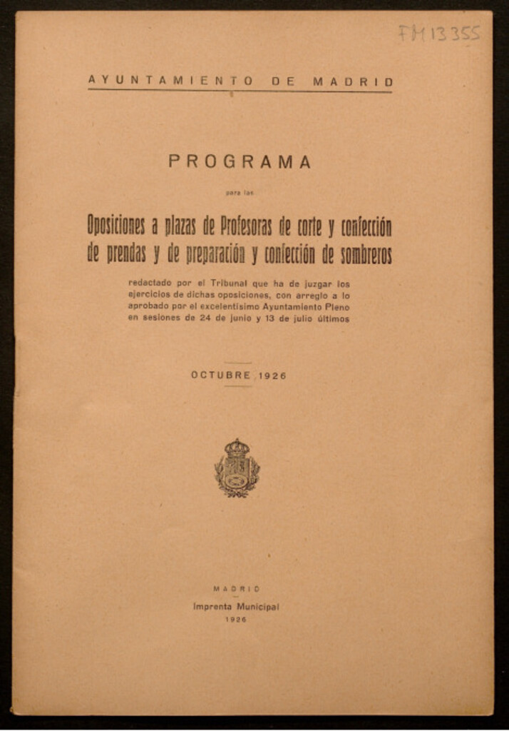 Miniatura de Programa para las oposiciones a plazas de profesoras de corte y confección de prendas y de preparación y confección de sombreros : octubre 1926