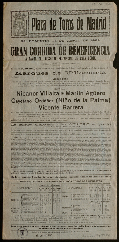 Miniatura de Gran corrida de Beneficencia... el domingo 14 de Abril de 1929 :[cartel]