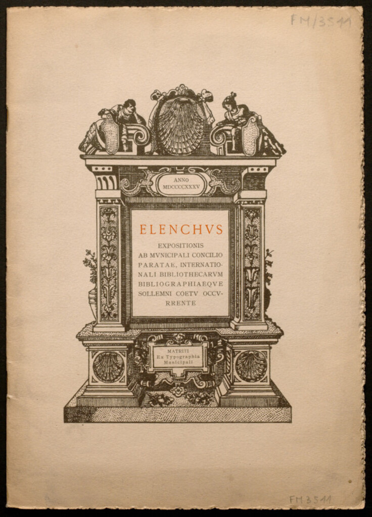 Miniatura de Elenchus : expositionis ab municipali concilio paratae, internationali bibliothecarum bibliographiaeque sollemni coetu occurrente