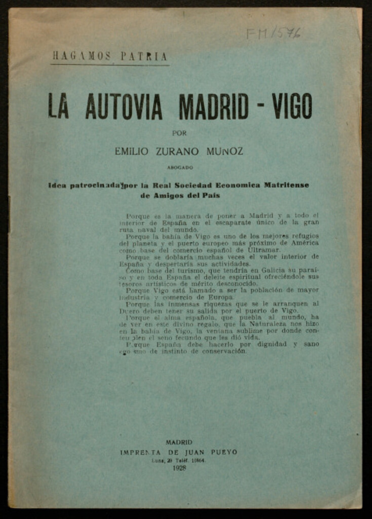 Miniatura de La autovía Madrid-Vigo: Idea patrocinada por la real sociedad económica matritense de amigos del país