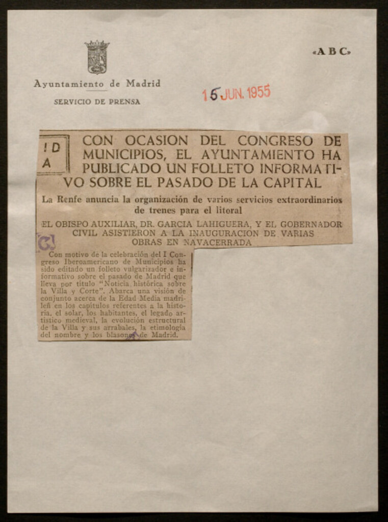 Miniatura de Con ocasión del Congreso de Municipios, el Ayuntamiento [de Madrid] ha publicado un folleto informativo sobre el pasado de la capital