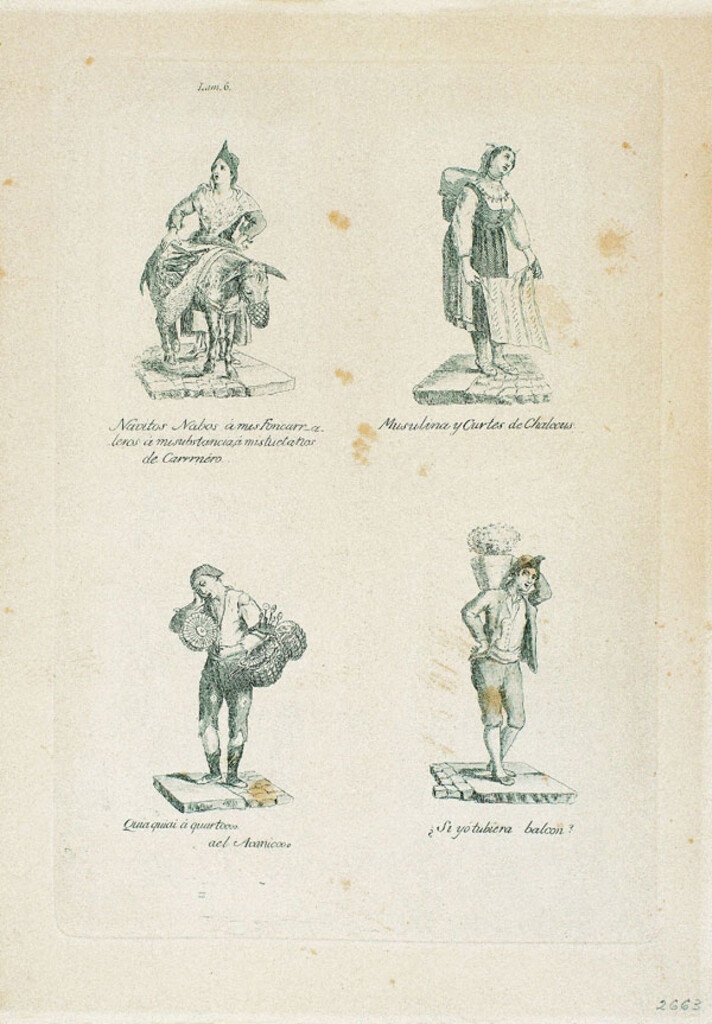 Miniatura de Vendedores de nabos, muselina, abanicos y tiestos