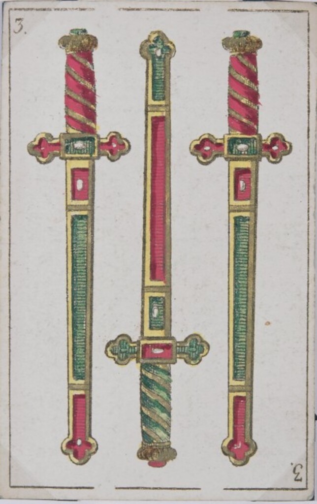 Miniatura de Baraja española.  Tres de espadas