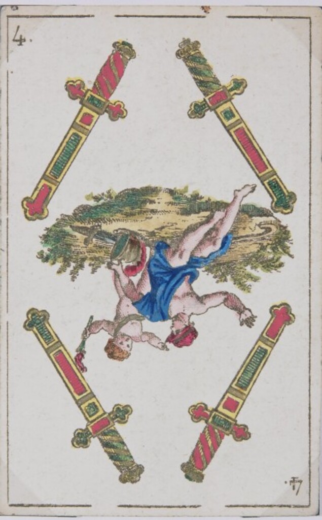 Miniatura de Baraja española. Cuatro de espadas