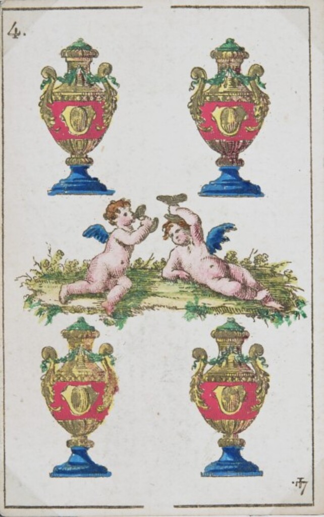 Miniatura de Baraja española. Cuatro de copas