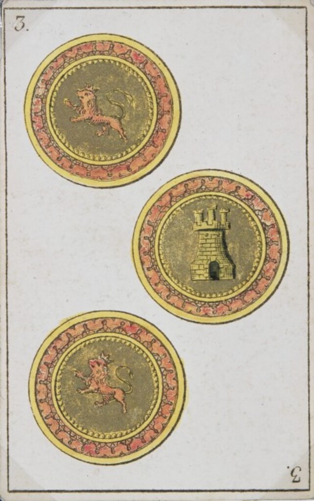 Miniatura de Baraja española. Tres de oros