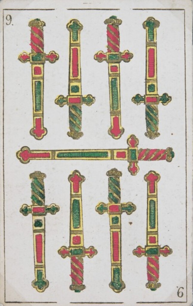 Miniatura de Baraja española. Nueve de espadas