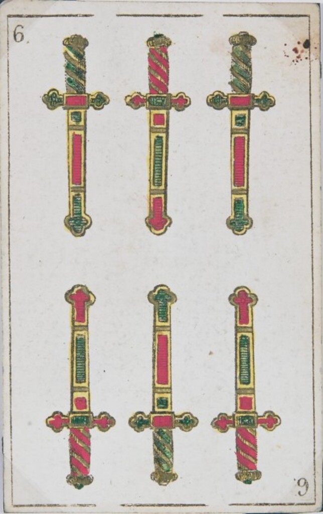 Miniatura de Baraja española. Seis de espadas