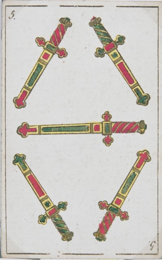 Miniatura de Baraja española. Cinco de espadas