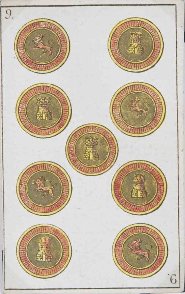 Miniatura de Baraja española. Nueve de oros