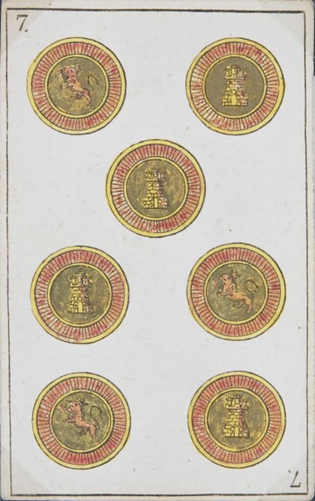 Miniatura de Baraja española. Siete de oros