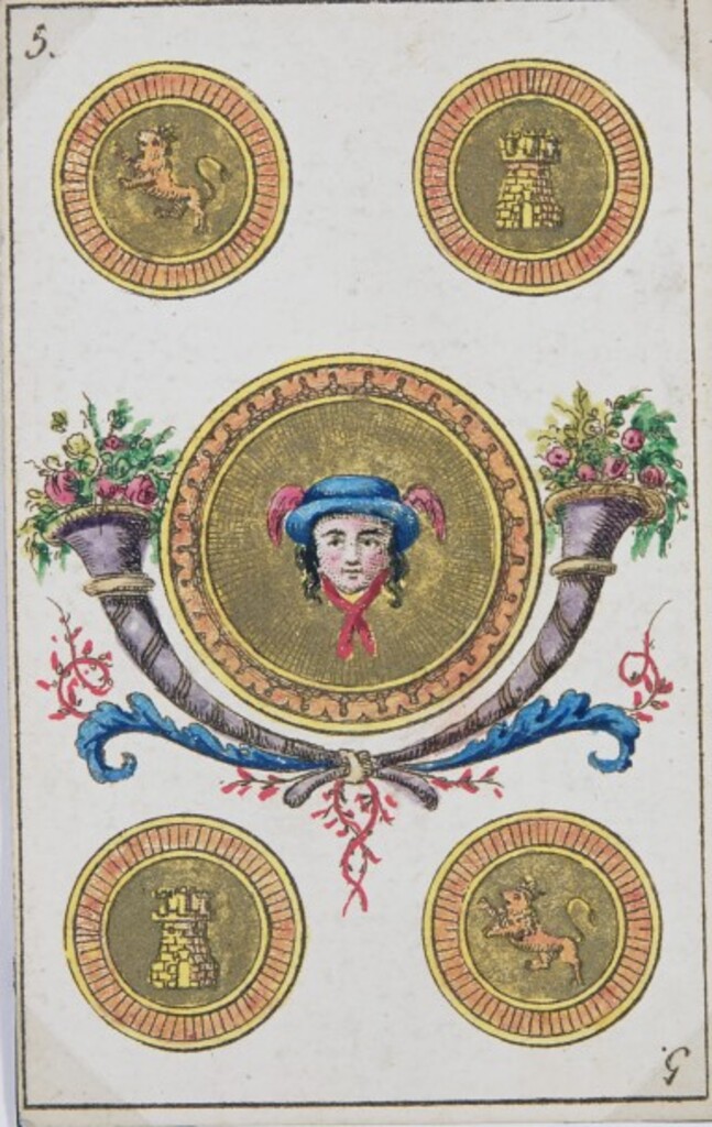 Miniatura de Baraja española. Cinco de oros