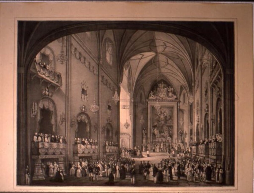 Miniatura de Vista del interior de la iglesia del R. Monasterio del San Jerónimo en el acto de bendición de las banderas.