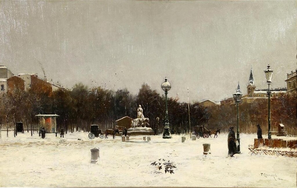 Miniatura de La Cibeles y el Paseo de Recoletos en día de nevada