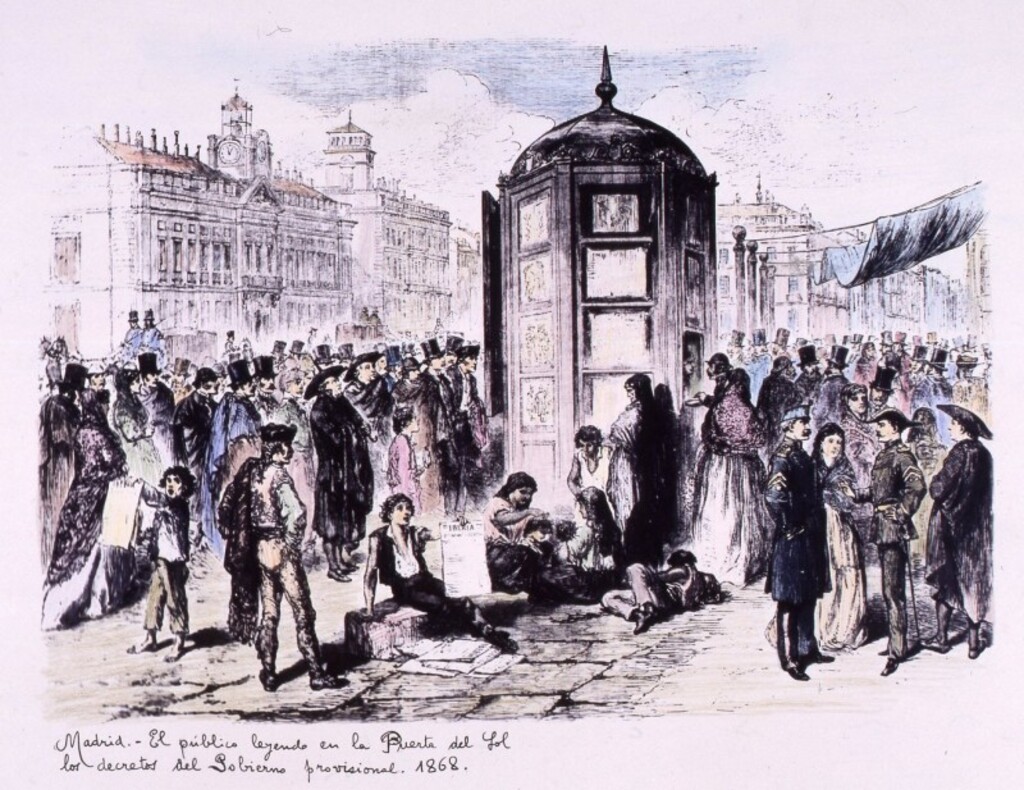 Miniatura de El público leyendo en la Puerta del Sol los decretos del Gobierno provisional. 1868