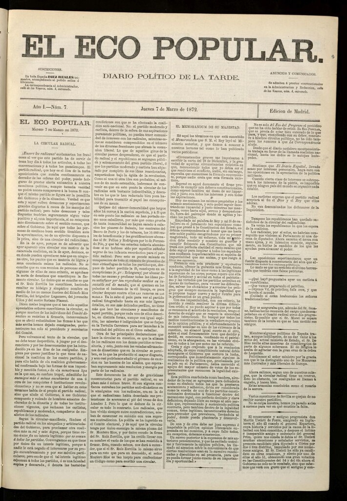 Miniatura de El Eco Popular del 7 de marzo de 1872