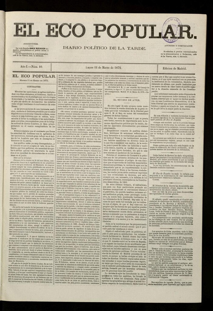 Miniatura de El Eco Popular del 11 de marzo de 1872