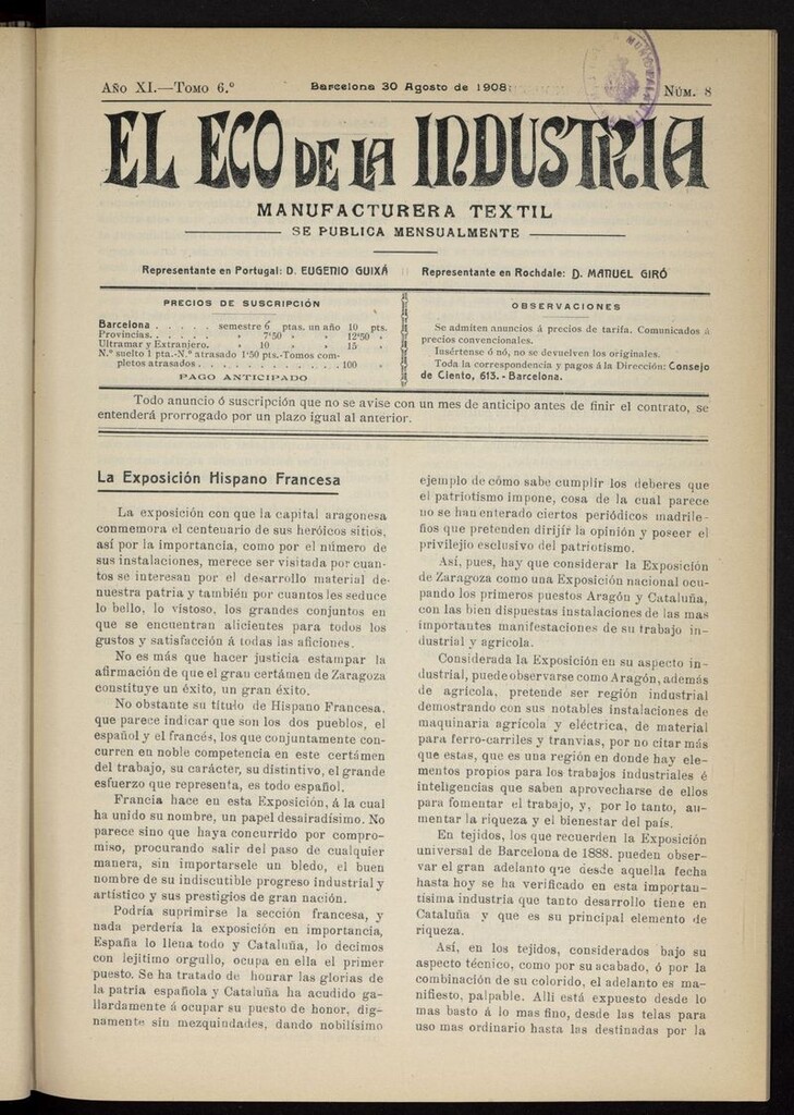 Miniatura de El Eco de la Industria del 30 de agosto de 1908