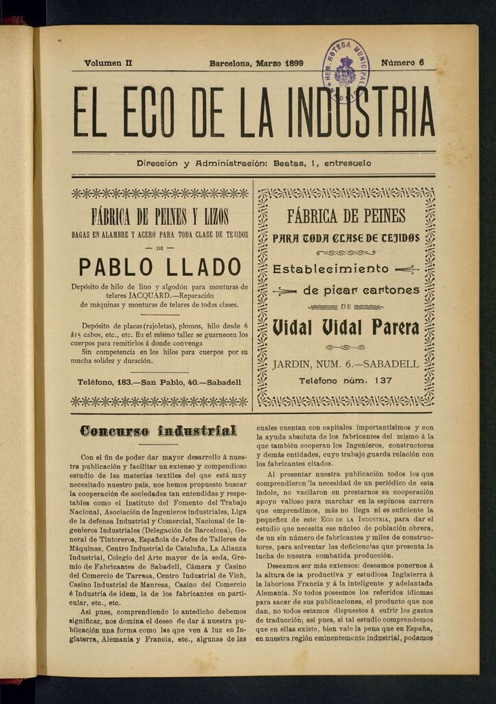 Miniatura de El Eco de la Industria de marzo de 1899