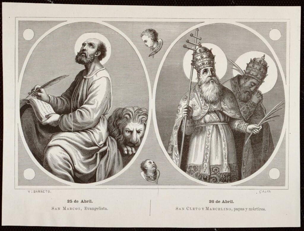 Miniatura de 2 viñetas: San Marcos, Evangelista; San Cleto y Marcelino, papas y mártires