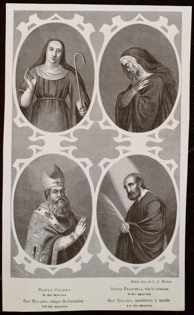 Miniatura de Santa Coleta;  Santa Francisca, viu la romana; San Macario, obispo de Jerusalen; San Eulogio, presbítero y mártir