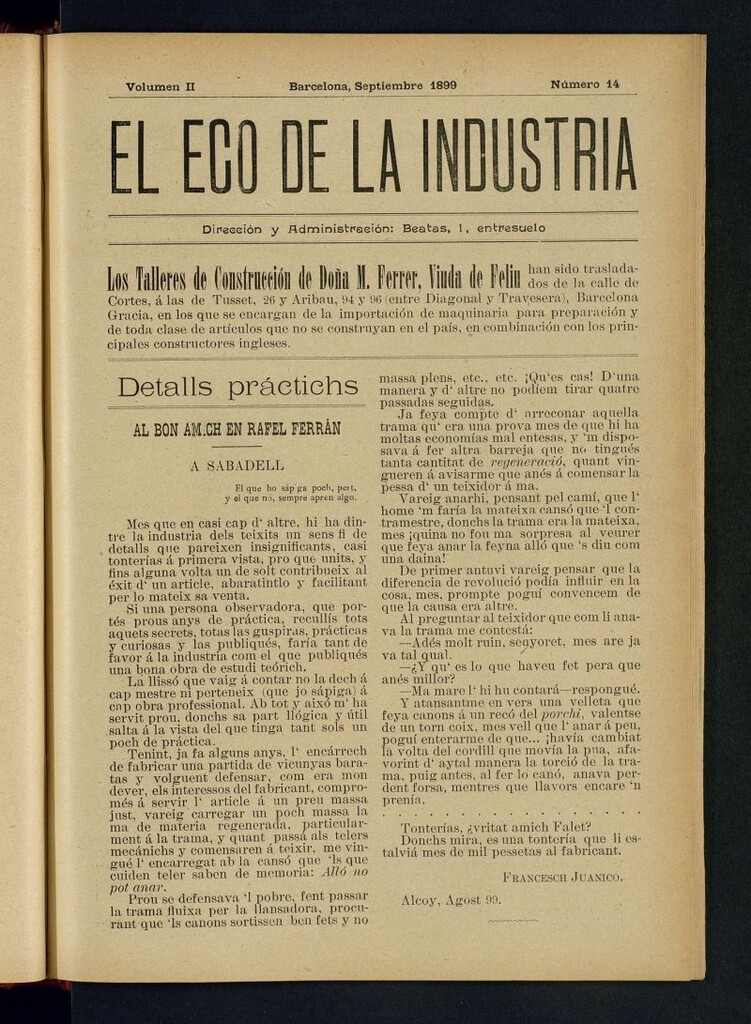 Miniatura de El Eco de la Industria de septiembre de 1899