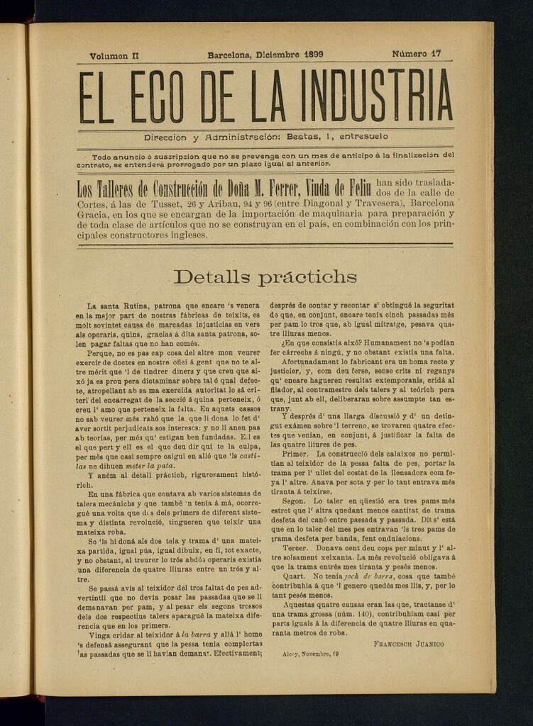 Miniatura de El Eco de la Industria de diciembre de 1899