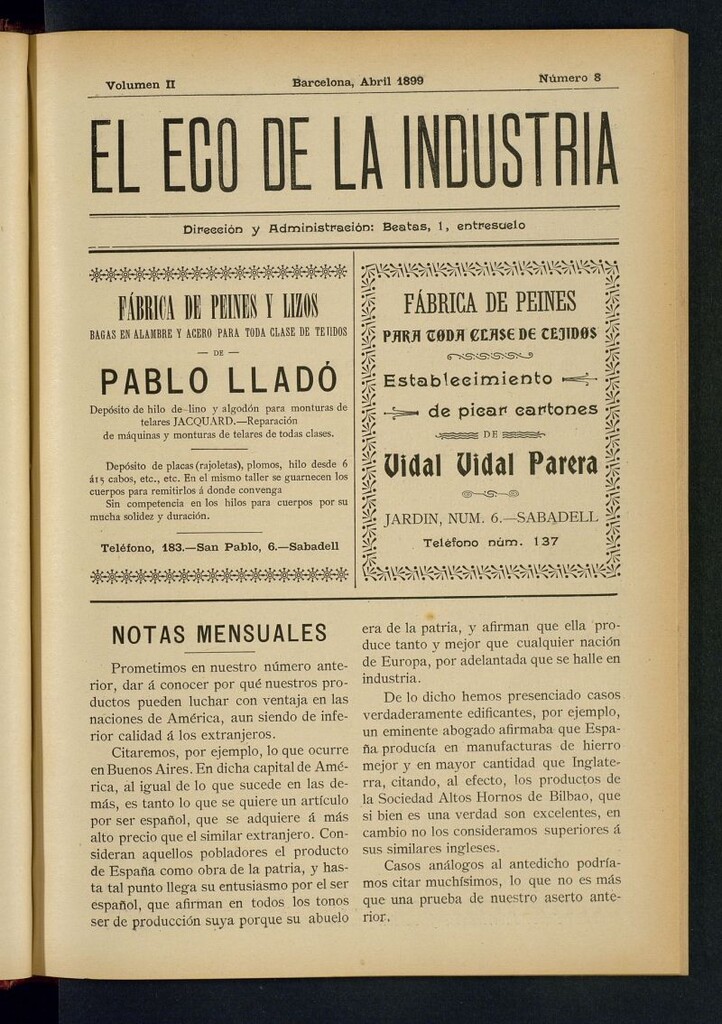 Miniatura de El Eco de la Industria de abril [sic] de 1899