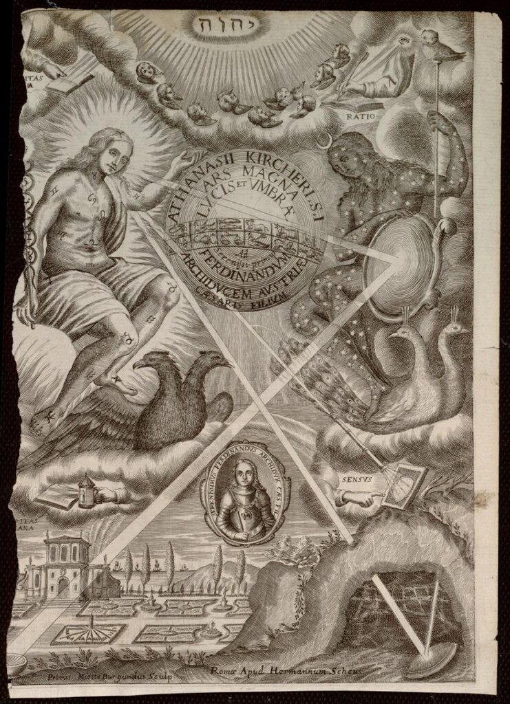 Miniatura de Portada del “Ars Magna lucis et umbrae”, de Atanasio Kircher