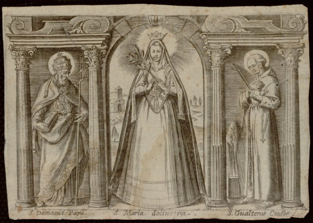 Miniatura de Nuestra Señora de Oliveira con San Dámaso y San Gualterio