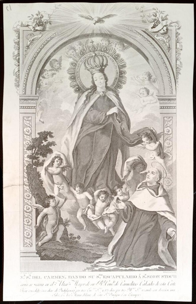 Miniatura de La Virgen del Carmen dando el escapulario a San Simón Stock