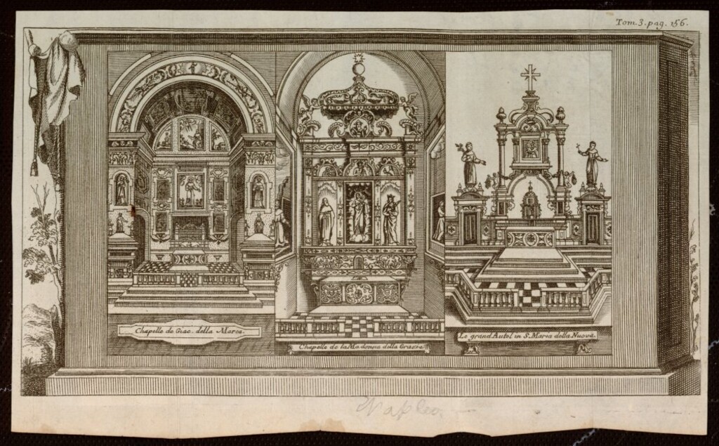 Miniatura de Las capillas de Giacomo della Marca y de Nuestra Señora de Gracia y altar mayor de Santa María de Nuova. Nápoles