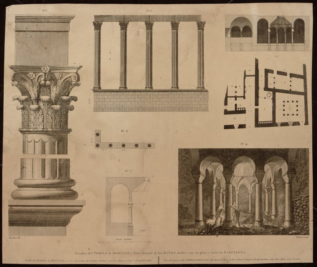 Miniatura de Detalles del Templo de Hércules y vista de losbaños árabes. Barc