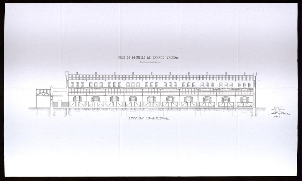 Miniatura de Sección longitudinal de la nave de degüello de Ganado Vacuno del Matadero de Madrid