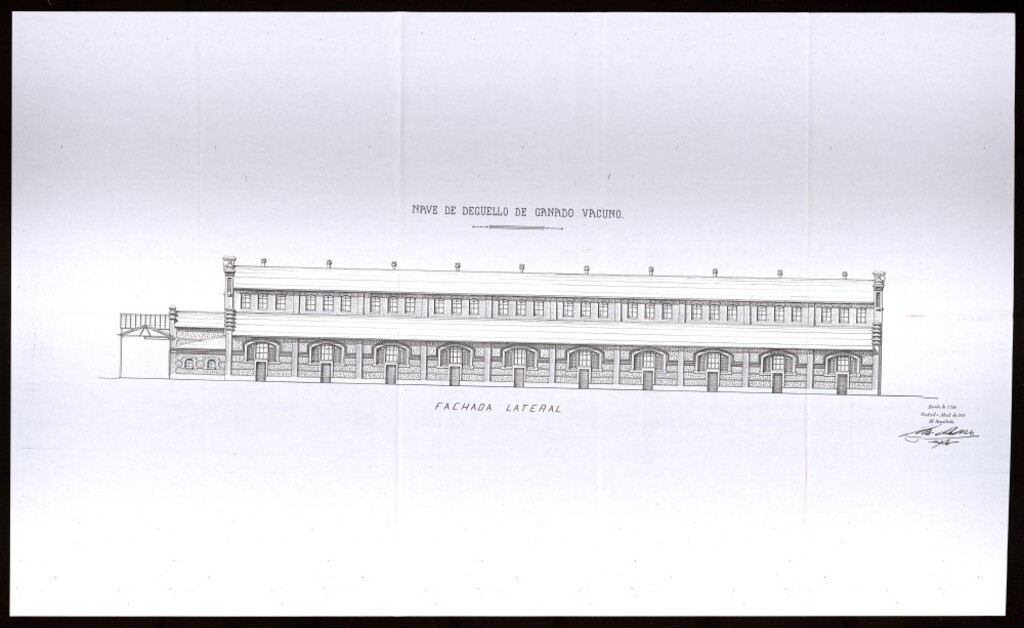 Miniatura de Fachada lateral de la nave de degüello de Ganado Vacuno del Matadero de Madrid