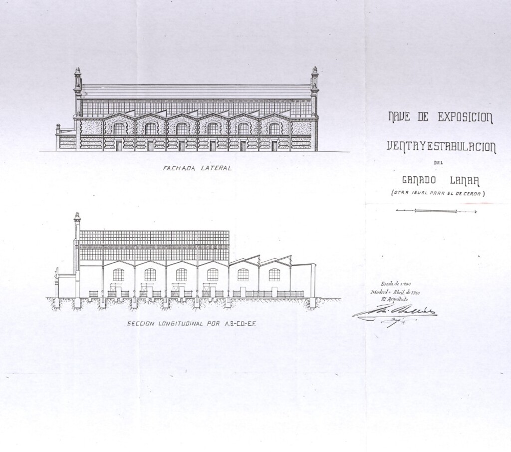 Miniatura de Fachada lateral y sección longitudinal de la nave de exposición, venta y estabulación del ganado lanar del Matadero de Madrid