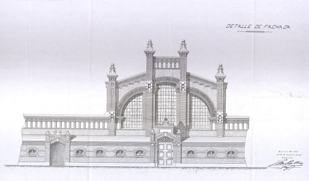 Miniatura de Detalle de la fachada de la nave de exposición, venta y estabulación del ganado lanar del Matadero de Madrid